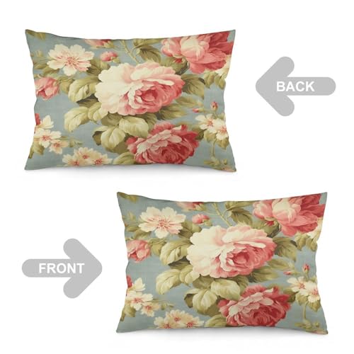 Pillow Cases - Pink Cabbage Roses Romantic Aqua Pillow Covers, Retro Country Decor, Chinoiserie Decor Polyester Linen Rectangle Accent Pillow Case with Zipper, Decor for Farmhouse, Chair, 20"x30"