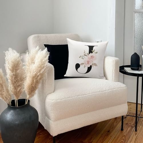 Monogrammed J Pillow Covers Personalized Pink Floral Throw Pillow Cushion Cover White Cotton Line Modern Square Pillowcase with Hidden Zipper Decor for Farmhouse Office Office