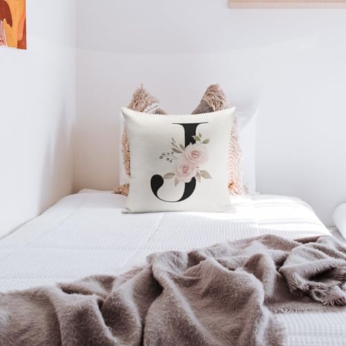 Monogrammed J Pillow Covers Personalized Pink Floral Throw Pillow Cushion Cover White Cotton Line Modern Square Pillowcase with Hidden Zipper Decor for Farmhouse Office Office