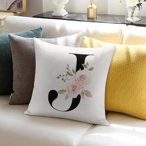Monogrammed J Pillow Covers Personalized Pink Floral Throw Pillow Cushion Cover White Cotton Line Modern Square Pillowcase with Hidden Zipper Decor for Farmhouse Office Office