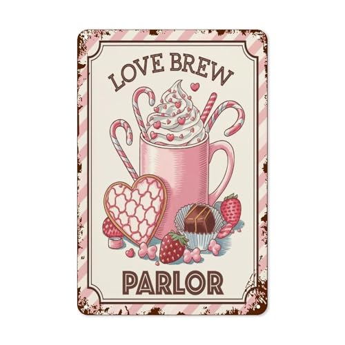 Valentines Day Decoration Aluminum Sign Love Brew Parlor Wall Plaque Rustic Valentine's Day Kitchen Door She Shed Hanging Signs, 11.8"x7.9", Fade Resistant