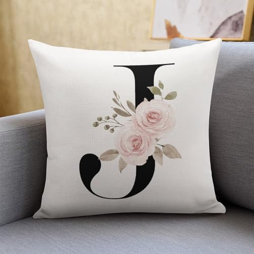 Monogrammed J Pillow Covers Personalized Pink Floral Throw Pillow Cushion Cover White Cotton Line Modern Square Pillowcase with Hidden Zipper Decor for Farmhouse Office Office