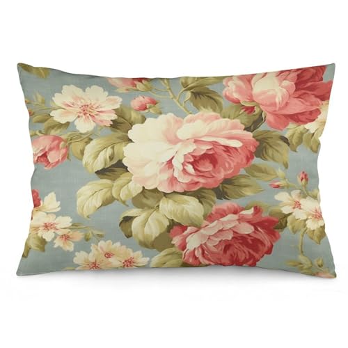 Pillow Cases - Pink Cabbage Roses Romantic Aqua Pillow Covers, Retro Country Decor, Chinoiserie Decor Polyester Linen Rectangle Accent Pillow Case with Zipper, Decor for Farmhouse, Chair, 20"x30"