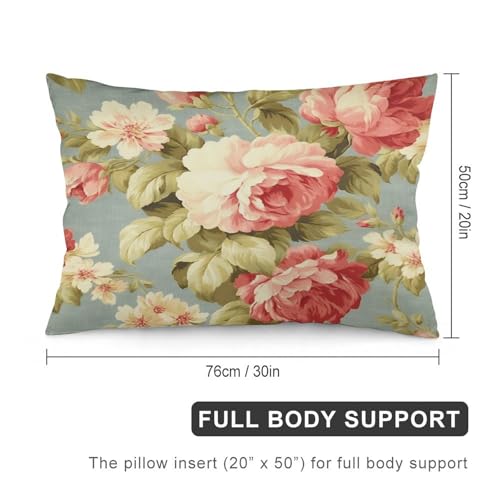 Pillow Cases - Pink Cabbage Roses Romantic Aqua Pillow Covers, Retro Country Decor, Chinoiserie Decor Polyester Linen Rectangle Accent Pillow Case with Zipper, Decor for Farmhouse, Chair, 20"x30"
