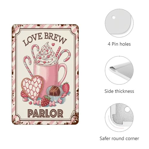 Valentines Day Decoration Aluminum Sign Love Brew Parlor Wall Plaque Rustic Valentine's Day Kitchen Door She Shed Hanging Signs, 11.8"x7.9", Fade Resistant
