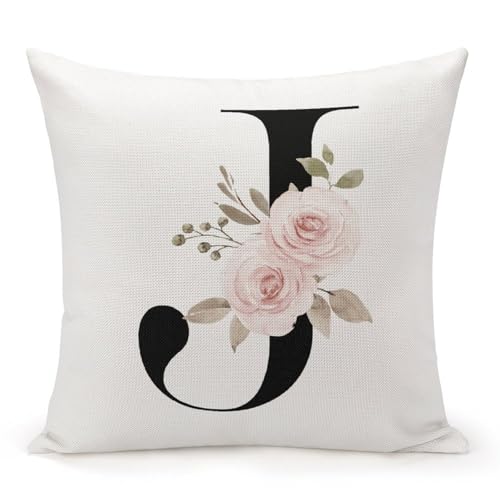 Monogrammed J Pillow Covers Personalized Pink Floral Throw Pillow Cushion Cover White Cotton Line Modern Square Pillowcase with Hidden Zipper Decor for Farmhouse Office Office