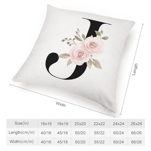 Monogrammed J Pillow Covers Personalized Pink Floral Throw Pillow Cushion Cover White Cotton Line Modern Square Pillowcase with Hidden Zipper Decor for Farmhouse Office Office