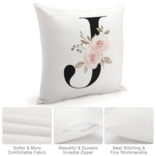 Monogrammed J Pillow Covers Personalized Pink Floral Throw Pillow Cushion Cover White Cotton Line Modern Square Pillowcase with Hidden Zipper Decor for Farmhouse Office Office