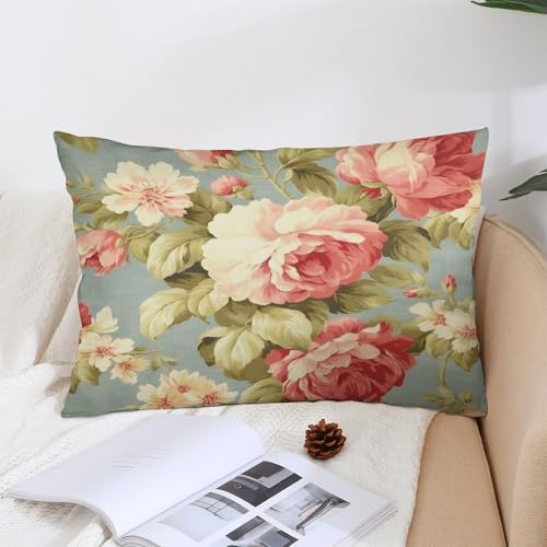 Pillow Cases - Pink Cabbage Roses Romantic Aqua Pillow Covers, Retro Country Decor, Chinoiserie Decor Polyester Linen Rectangle Accent Pillow Case with Zipper, Decor for Farmhouse, Chair, 20"x30"