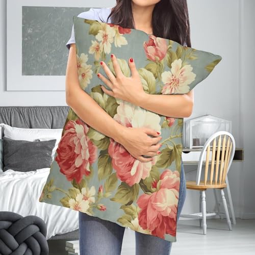 Pillow Cases - Pink Cabbage Roses Romantic Aqua Pillow Covers, Retro Country Decor, Chinoiserie Decor Polyester Linen Rectangle Accent Pillow Case with Zipper, Decor for Farmhouse, Chair, 20"x30"