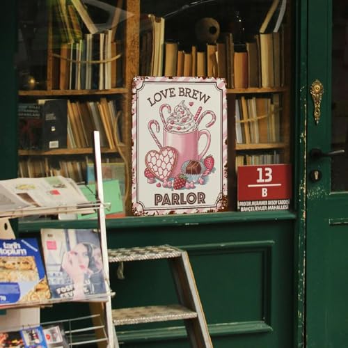 Valentines Day Decoration Aluminum Sign Love Brew Parlor Wall Plaque Rustic Valentine's Day Kitchen Door She Shed Hanging Signs, 11.8"x7.9", Fade Resistant