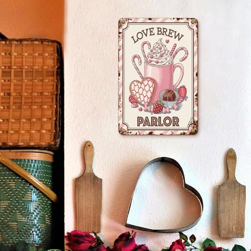 Valentines Day Decoration Aluminum Sign Love Brew Parlor Wall Plaque Rustic Valentine's Day Kitchen Door She Shed Hanging Signs, 11.8"x7.9", Fade Resistant