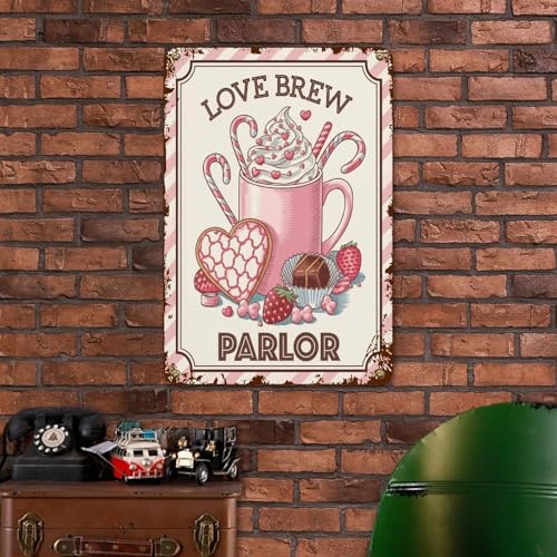Valentines Day Decoration Aluminum Sign Love Brew Parlor Wall Plaque Rustic Valentine's Day Kitchen Door She Shed Hanging Signs, 11.8"x7.9", Fade Resistant