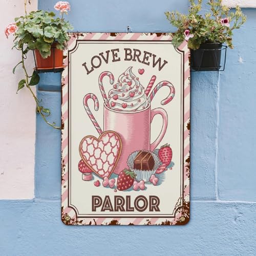 Valentines Day Decoration Aluminum Sign Love Brew Parlor Wall Plaque Rustic Valentine's Day Kitchen Door She Shed Hanging Signs, 11.8"x7.9", Fade Resistant