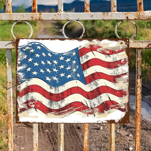 4th of July Aluminum Sign - Independence Day Farmhouse Decor, Vintage USA Country Flag Outside And Living Room Decorations Holiday Gifts Country Wall Art Decor Fade Resistant 16"x12"