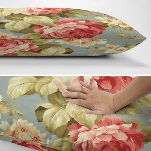 Pillow Cases - Pink Cabbage Roses Romantic Aqua Pillow Covers, Retro Country Decor, Chinoiserie Decor Polyester Linen Rectangle Accent Pillow Case with Zipper, Decor for Farmhouse, Chair, 20"x30"