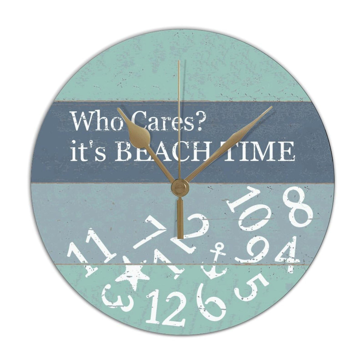 PVC Wall Hanging Clock with Who Cares It's Beach Time Round Wall Clocks for Kitchen Bedroom Decorations 12in Non Ticking Retro Design Clock Decorative for Men Cave Laundry Room
