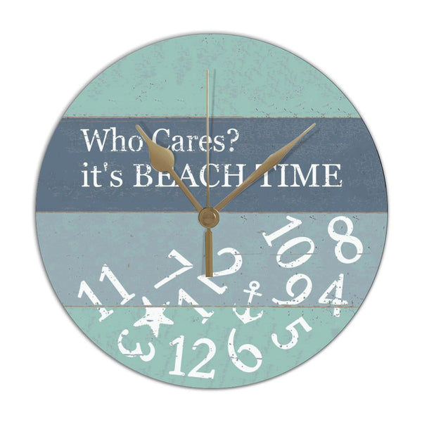 PVC Wall Hanging Clock with Who Cares It's Beach Time Round Wall Clocks for Kitchen Bedroom Decorations 12in Non Ticking Retro Design Clock Decorative for Men Cave Laundry Room