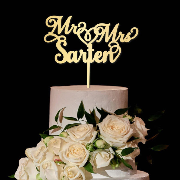 Wedding Cake Topper Personalised Mr And Mrs Calligraphy Personalized Cake Topper Last Name Gold Acrylic Customized Surname Cake Topper Gold, Silver, Black, Glitter, Love Heart Cake Decorations