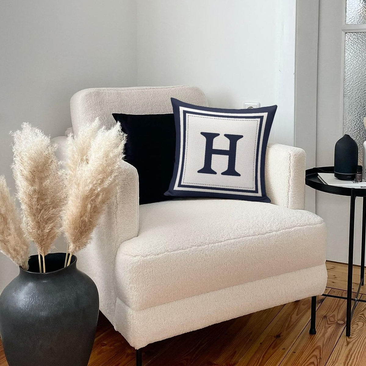 Custom Decorative Throw Pillow Covers - Boho Geometric Striped Initial Navy Blue Throw Pillow Case - Monogram H White Cotton Linen Pillow Cases for Home Bed New Home 20" x 20"