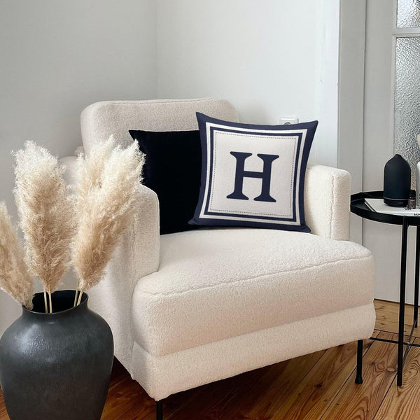 Custom Decorative Throw Pillow Covers - Boho Geometric Striped Initial Navy Blue Throw Pillow Case - Monogram H White Cotton Linen Pillow Cases for Home Bed New Home 20" x 20"