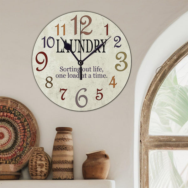 Wooden Clock Silent Non-Ticking, Laundry Clock Rustic Oversized Numbers Modern Style Clocks Round Farmhouse Wall Clocks Decor for House School She Shed Kindergarten, Battery Operated (15 Inch)