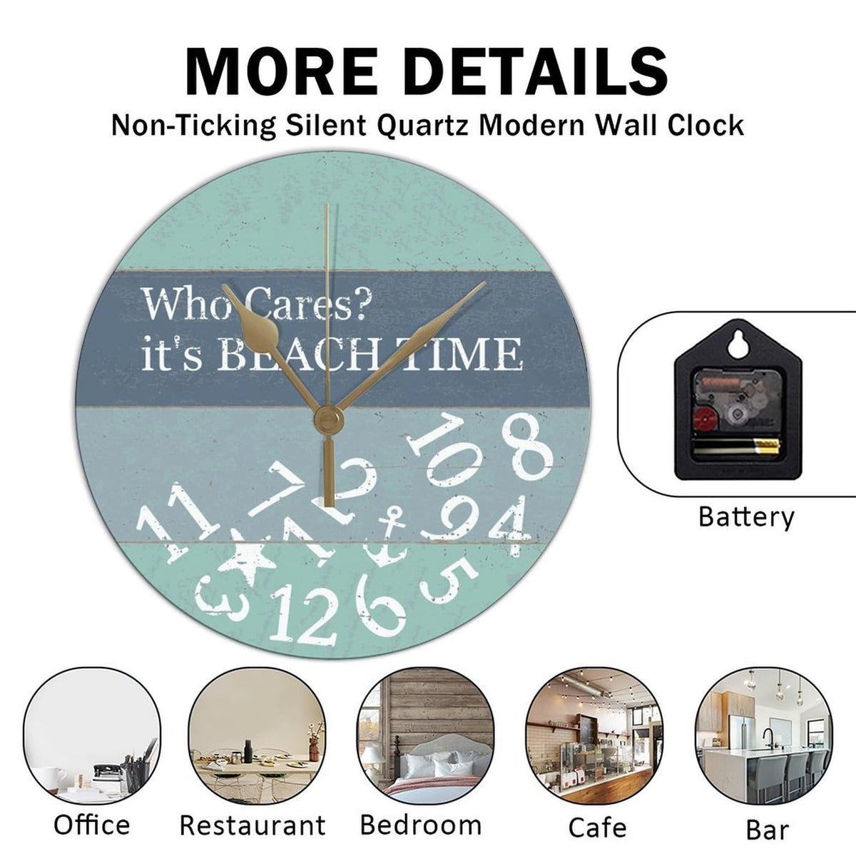 PVC Wall Hanging Clock with Who Cares It's Beach Time Round Wall Clocks for Kitchen Bedroom Decorations 12in Non Ticking Retro Design Clock Decorative for Men Cave Laundry Room
