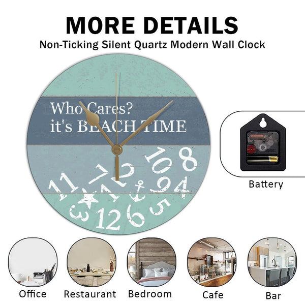PVC Wall Hanging Clock with Who Cares It's Beach Time Round Wall Clocks for Kitchen Bedroom Decorations 12in Non Ticking Retro Design Clock Decorative for Men Cave Laundry Room