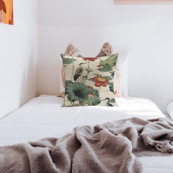Pillow Cases Square Size 18 x 18 Inch Birds and Lotus Flowers Throw Pillow Case with Hidden Zipper Patio Bedroom Decor Rustic Pillowcase Both-Side