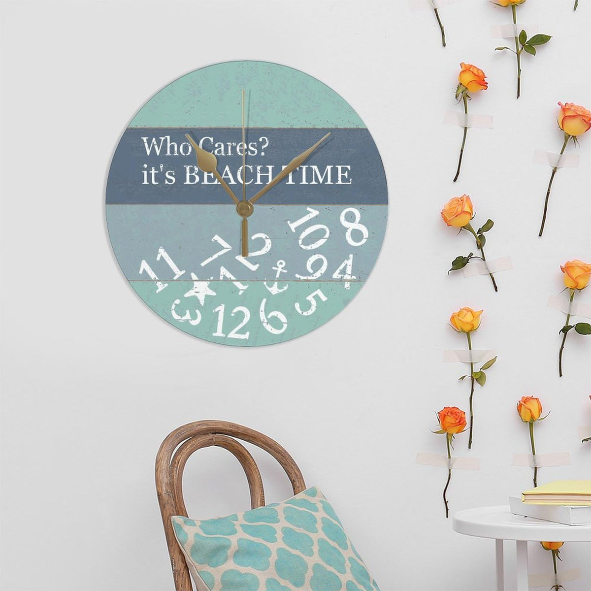 PVC Wall Hanging Clock with Who Cares It's Beach Time Round Wall Clocks for Kitchen Bedroom Decorations 12in Non Ticking Retro Design Clock Decorative for Men Cave Laundry Room