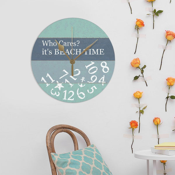 PVC Wall Hanging Clock with Who Cares It's Beach Time Round Wall Clocks for Kitchen Bedroom Decorations 12in Non Ticking Retro Design Clock Decorative for Men Cave Laundry Room