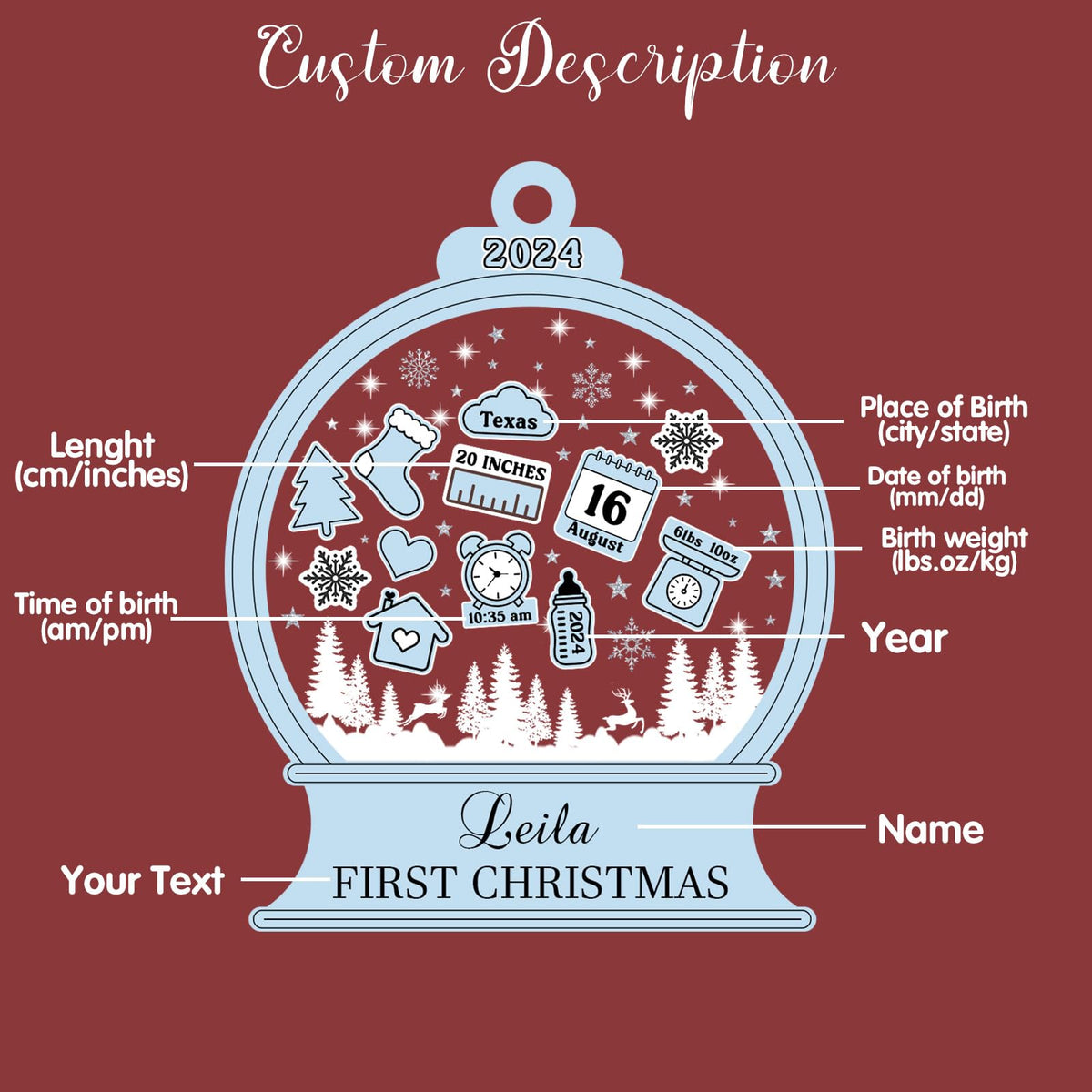 Personalized Baby‘s First Christmas Ornament 2024 Custom New Baby Gifts Customized Funny Podium Shape Baby Name Birthdate Weight Height for Newborn Girl Boy Keepsake Ornament