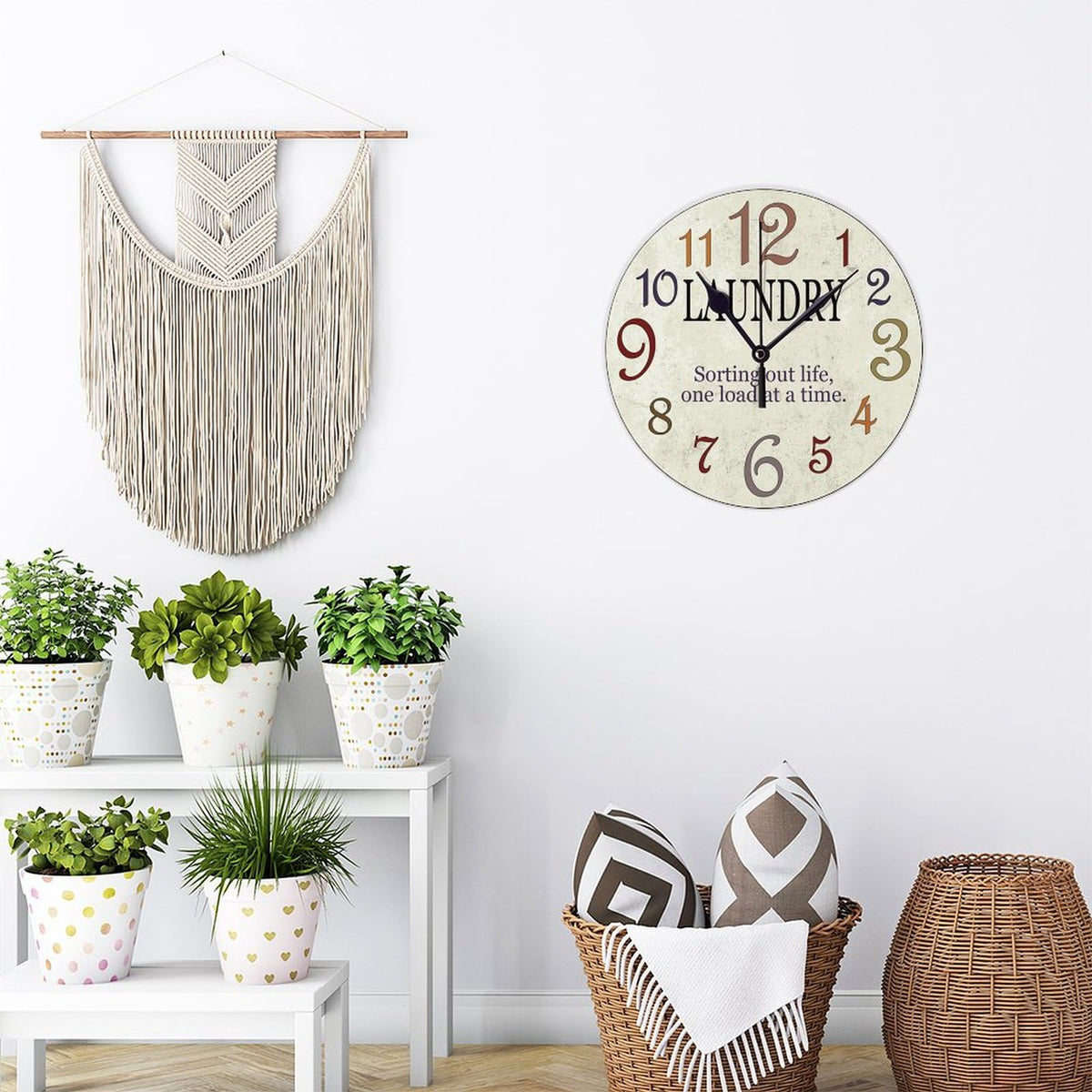 Wooden Clock Silent Non-Ticking, Laundry Clock Rustic Oversized Numbers Modern Style Clocks Round Farmhouse Wall Clocks Decor for House School She Shed Kindergarten, Battery Operated (15 Inch)