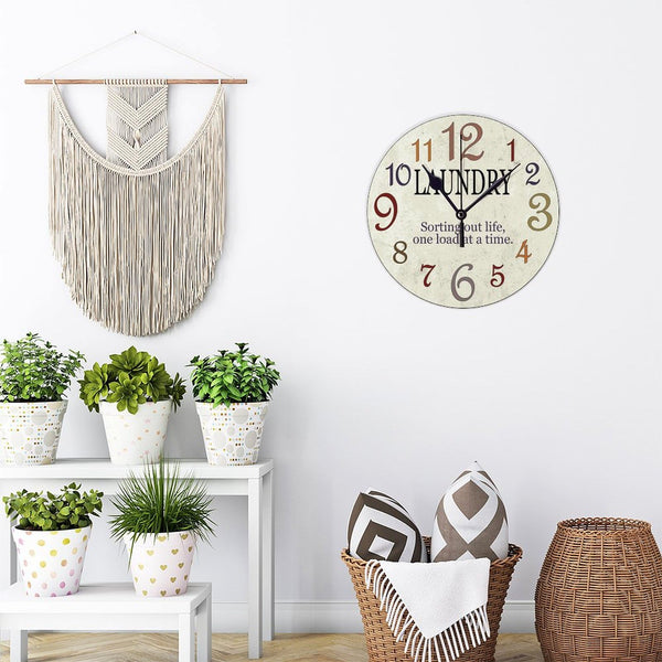 Wooden Clock Silent Non-Ticking, Laundry Clock Rustic Oversized Numbers Modern Style Clocks Round Farmhouse Wall Clocks Decor for House School She Shed Kindergarten, Battery Operated (15 Inch)