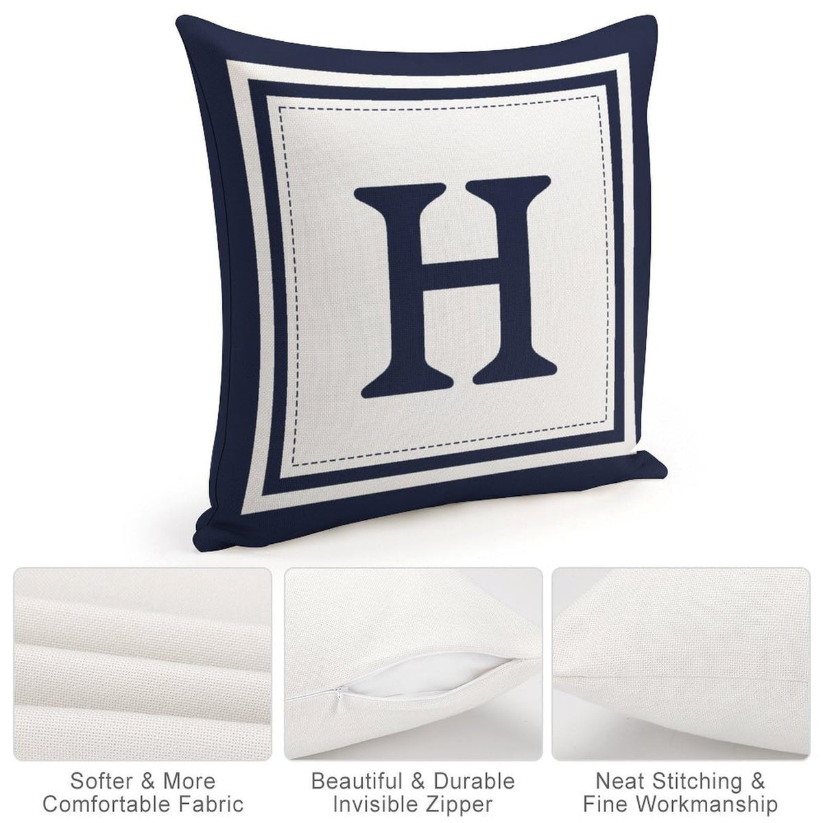 Custom Decorative Throw Pillow Covers - Boho Geometric Striped Initial Navy Blue Throw Pillow Case - Monogram H White Cotton Linen Pillow Cases for Home Bed New Home 20" x 20"