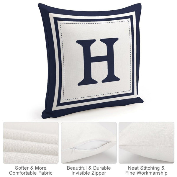 Custom Decorative Throw Pillow Covers - Boho Geometric Striped Initial Navy Blue Throw Pillow Case - Monogram H White Cotton Linen Pillow Cases for Home Bed New Home 20" x 20"