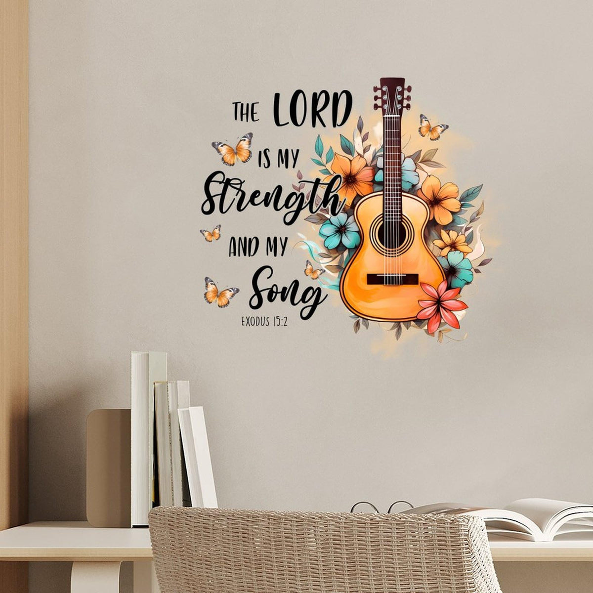 Exodus 15:2 The Lord is My Strength and My Song Wall Sticker, Christmas Vinyl Wall Decal, Scripture Gifts Classroom Computer Family Christian Removable Decal Stick for Bedroom, Bathroom, Desk, 24"
