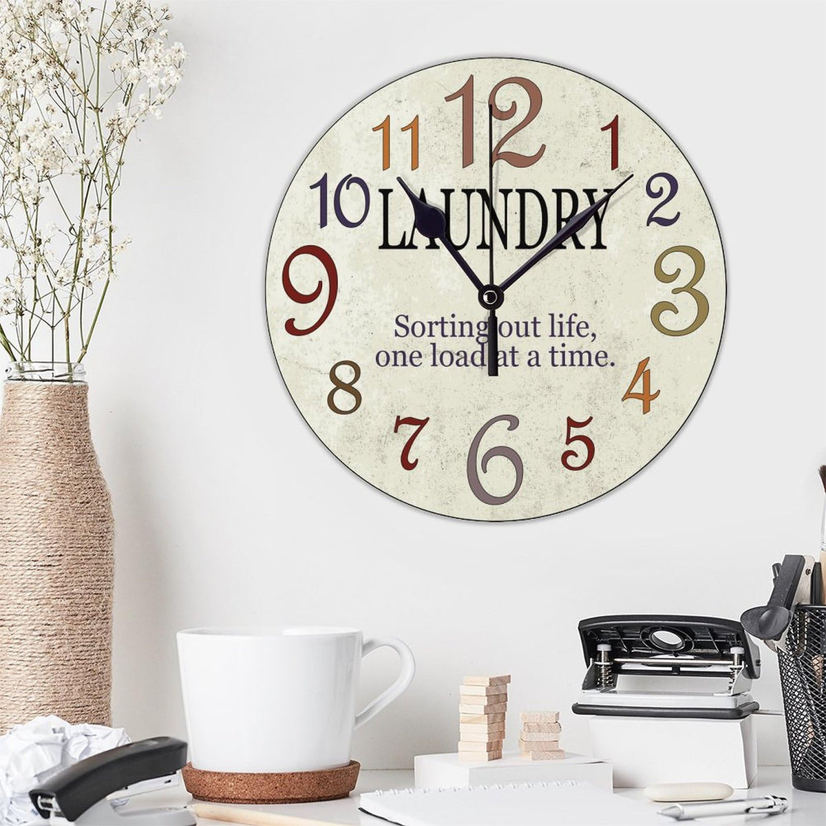 Wooden Clock Silent Non-Ticking, Laundry Clock Rustic Oversized Numbers Modern Style Clocks Round Farmhouse Wall Clocks Decor for House School She Shed Kindergarten, Battery Operated (15 Inch)