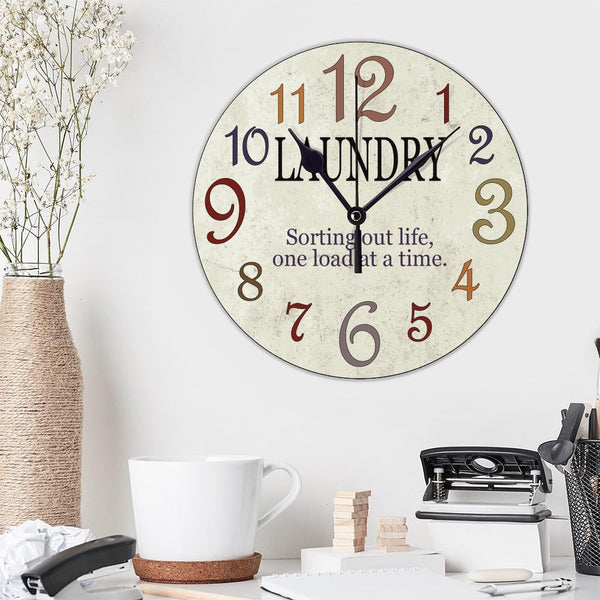 Wooden Clock Silent Non-Ticking, Laundry Clock Rustic Oversized Numbers Modern Style Clocks Round Farmhouse Wall Clocks Decor for House School She Shed Kindergarten, Battery Operated (15 Inch)