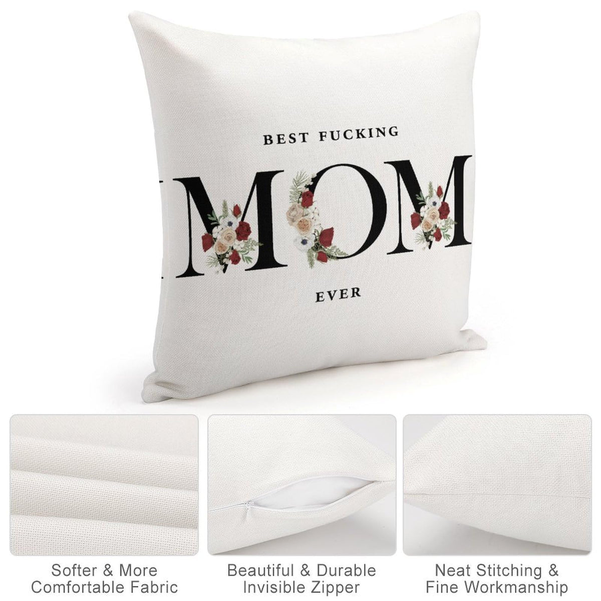 Best Fucking Mom Ever Throw Pillow Cases - Square 22 Inch Best Fucking Mom Ever Standard Pillowcase with Zipper, Wreath Decorative Gifts for Mom, Bed Bedroom Decorations, 2 Side