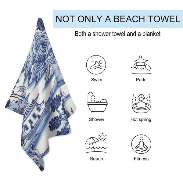 Nanjing Blue And White Chinoiserie Pagoda Asian Beach Towel 32"x52" Camping Bath Bridal Party Necessities Graduation Gifts Towels for Women with A Unique Design Classic Microfiber Sand Free Yoga Mat