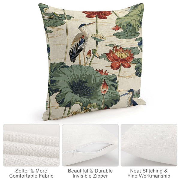 Pillow Cases Square Size 18 x 18 Inch Birds and Lotus Flowers Throw Pillow Case with Hidden Zipper Patio Bedroom Decor Rustic Pillowcase Both-Side