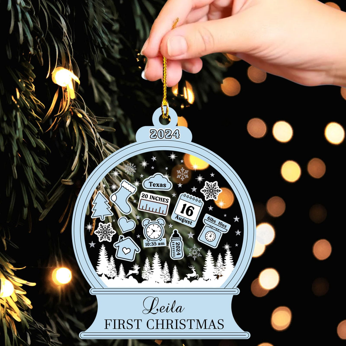 Personalized Baby‘s First Christmas Ornament 2024 Custom New Baby Gifts Customized Funny Podium Shape Baby Name Birthdate Weight Height for Newborn Girl Boy Keepsake Ornament