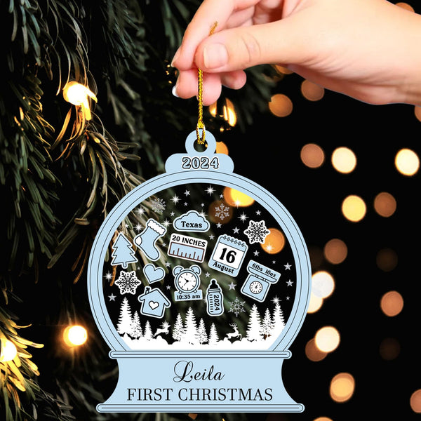 Personalized Baby‘s First Christmas Ornament 2024 Custom New Baby Gifts Customized Funny Podium Shape Baby Name Birthdate Weight Height for Newborn Girl Boy Keepsake Ornament