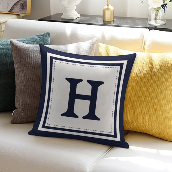 Custom Decorative Throw Pillow Covers - Boho Geometric Striped Initial Navy Blue Throw Pillow Case - Monogram H White Cotton Linen Pillow Cases for Home Bed New Home 20" x 20"