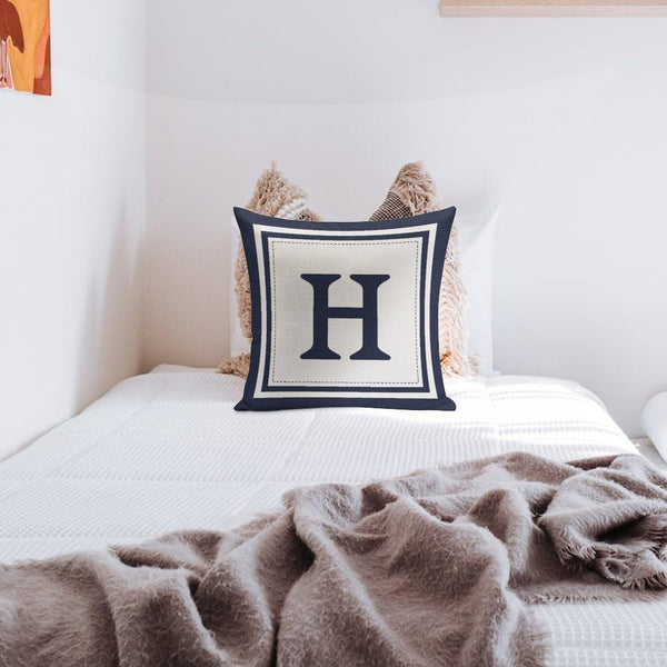 Custom Decorative Throw Pillow Covers - Boho Geometric Striped Initial Navy Blue Throw Pillow Case - Monogram H White Cotton Linen Pillow Cases for Home Bed New Home 20" x 20"