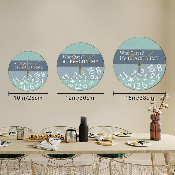 PVC Wall Hanging Clock with Who Cares It's Beach Time Round Wall Clocks for Kitchen Bedroom Decorations 12in Non Ticking Retro Design Clock Decorative for Men Cave Laundry Room