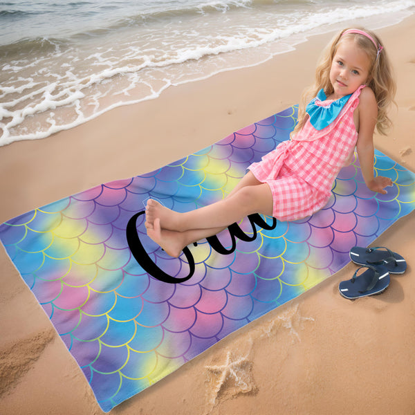 Kidrex Personalized Beach Towel for Kids Girls Boys Adults Quick Dry Custom Towels for Beach Pool Bath with Names Customized Gifts, Mermaid Scales