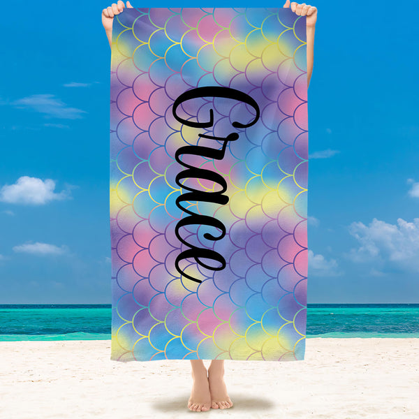 Kidrex Personalized Beach Towel for Kids Girls Boys Adults Quick Dry Custom Towels for Beach Pool Bath with Names Customized Gifts, Mermaid Scales