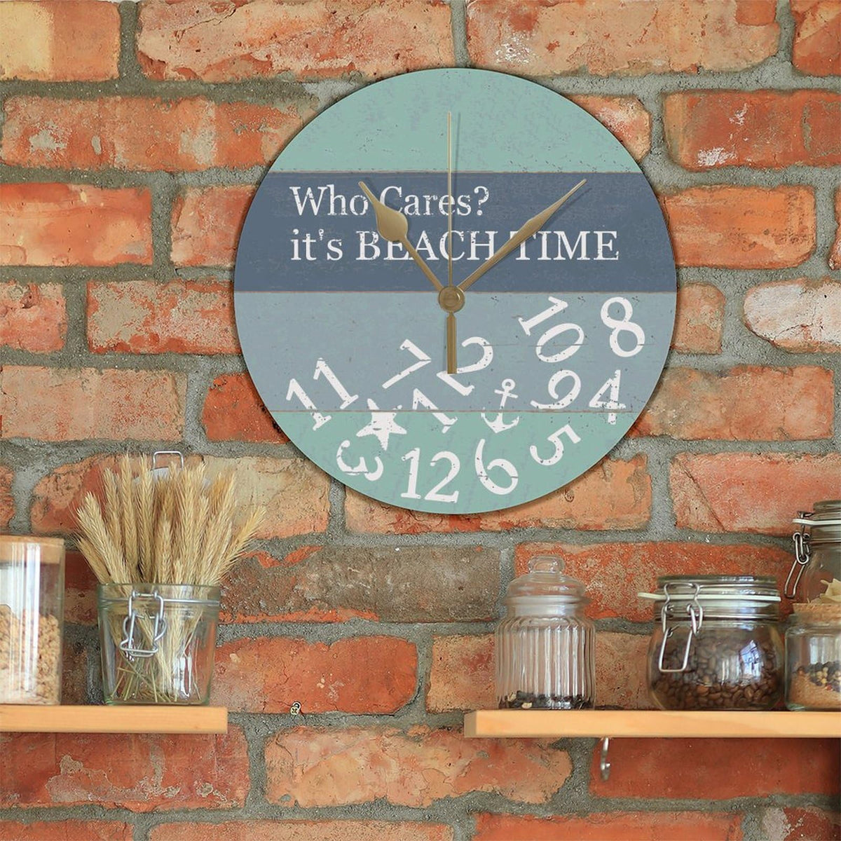 PVC Wall Hanging Clock with Who Cares It's Beach Time Round Wall Clocks for Kitchen Bedroom Decorations 12in Non Ticking Retro Design Clock Decorative for Men Cave Laundry Room